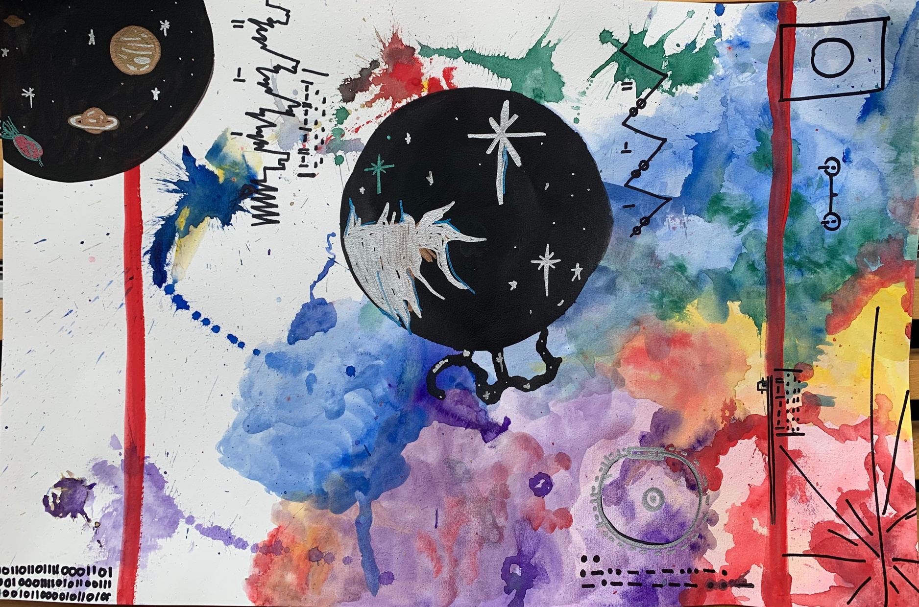 The white background is half covered by cloud-like watercolor designs in red, blue, purple, and yellow. Two black circles with outer space-themed doodles and other scientific marks are drawn in sharpie. 