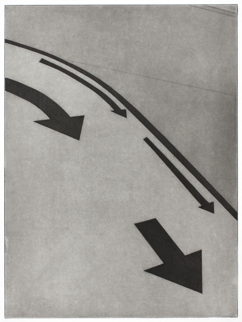 Image of four black downward pointing arrows curving towards the bottom right of the composition against a gray background