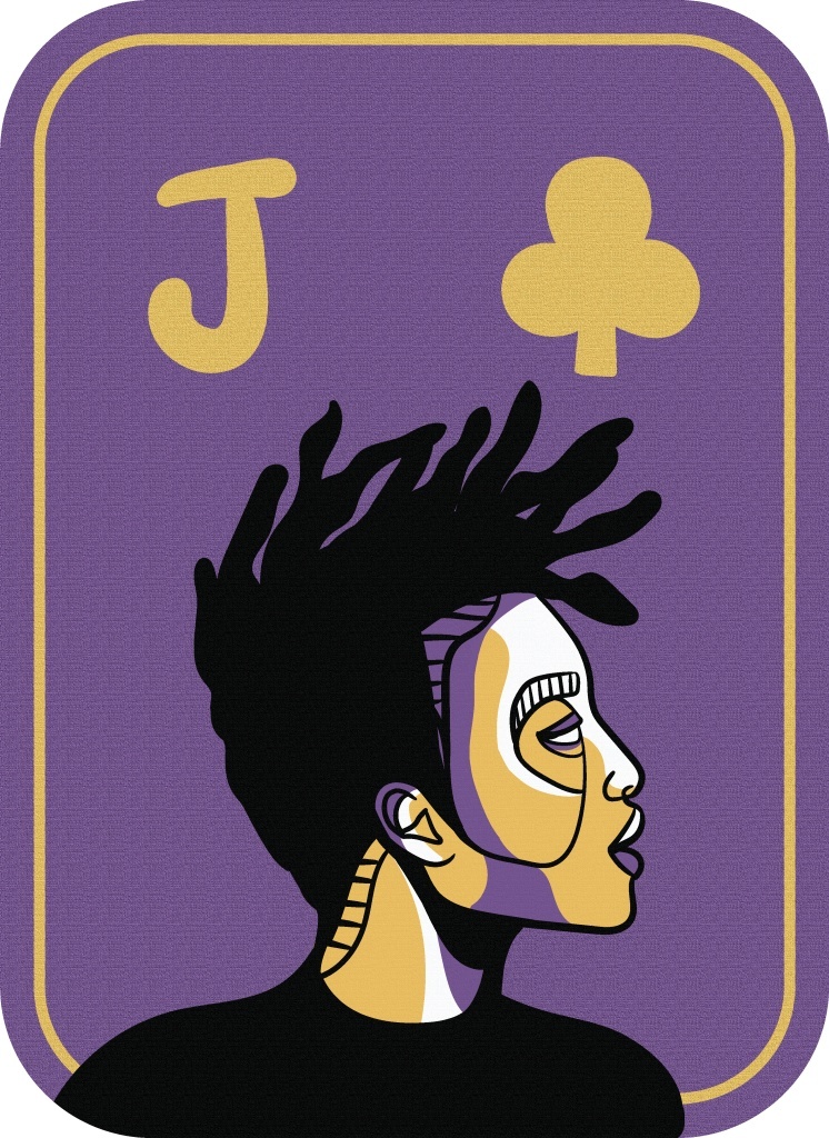 Image of a card with a purple background, showing a figure in profile featuring a hairstyle. The letter J appears in the left corner, and a symbol of a club appears in the right corner. 