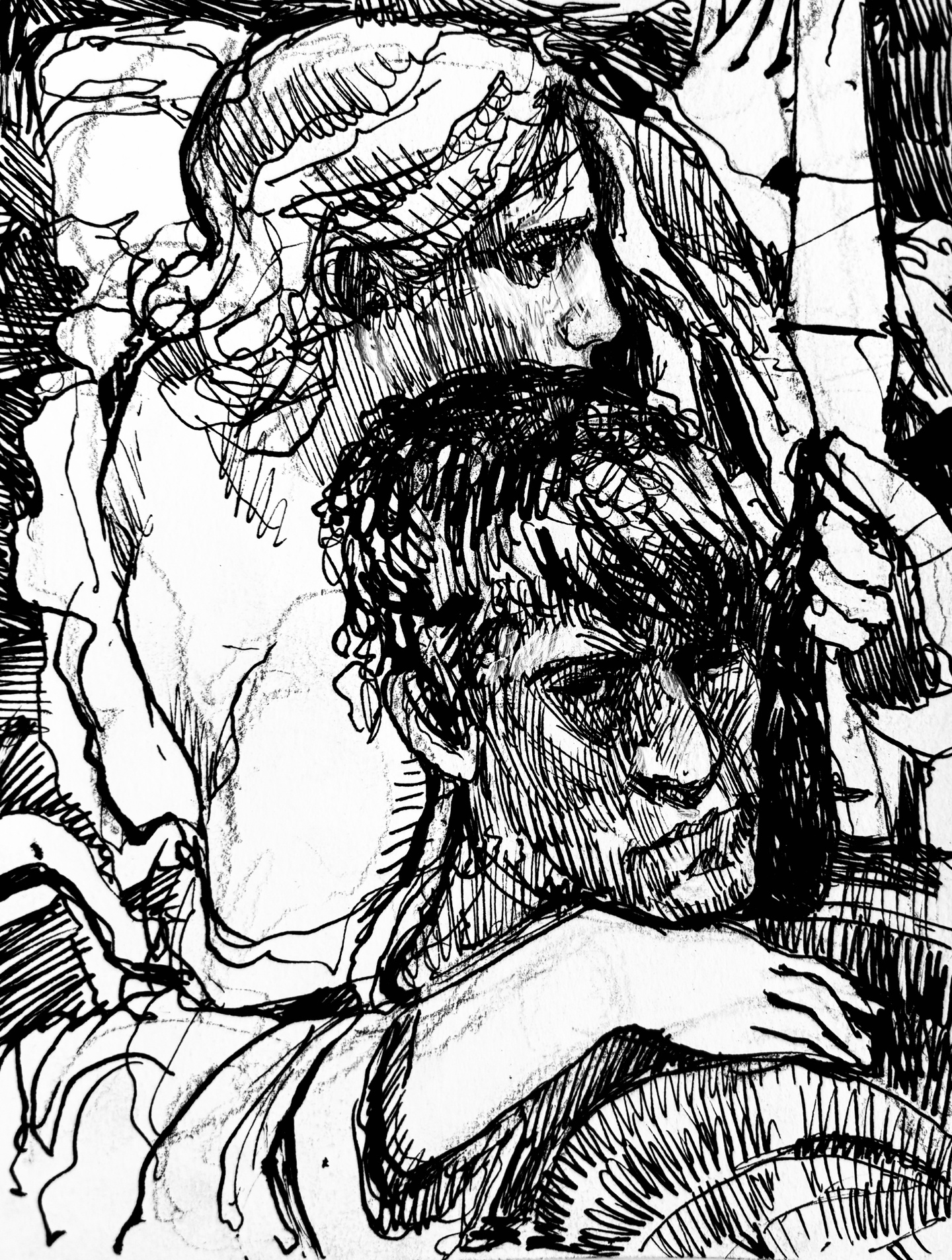 Pen and ink line art illustration of two figures leaning on each other.