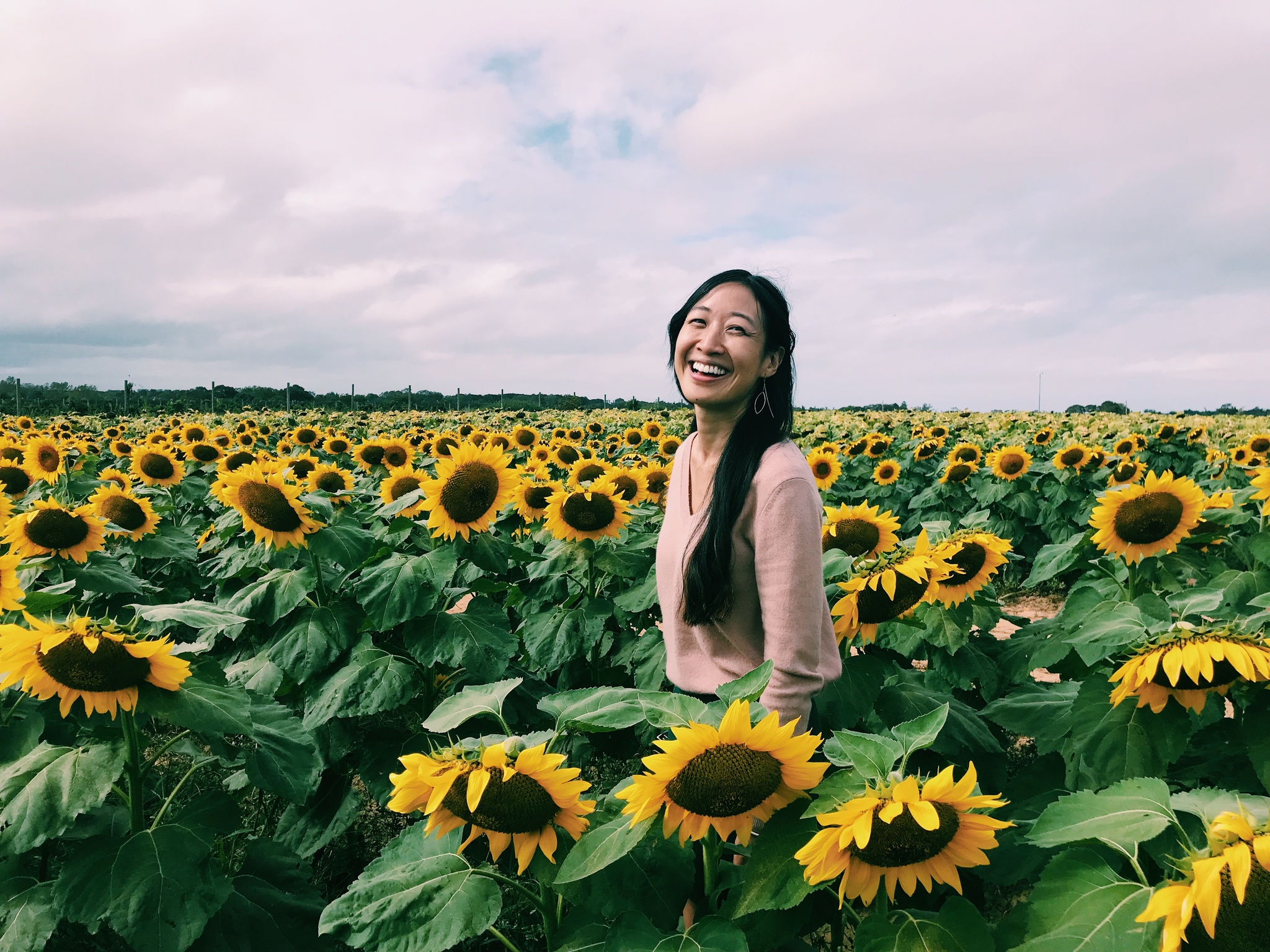 A photo of the artist Cindy Tran standing in a field with sunflowers up to her waist. Tran laughs as she looks at the camera and her long hair falls over her left shoulder. 