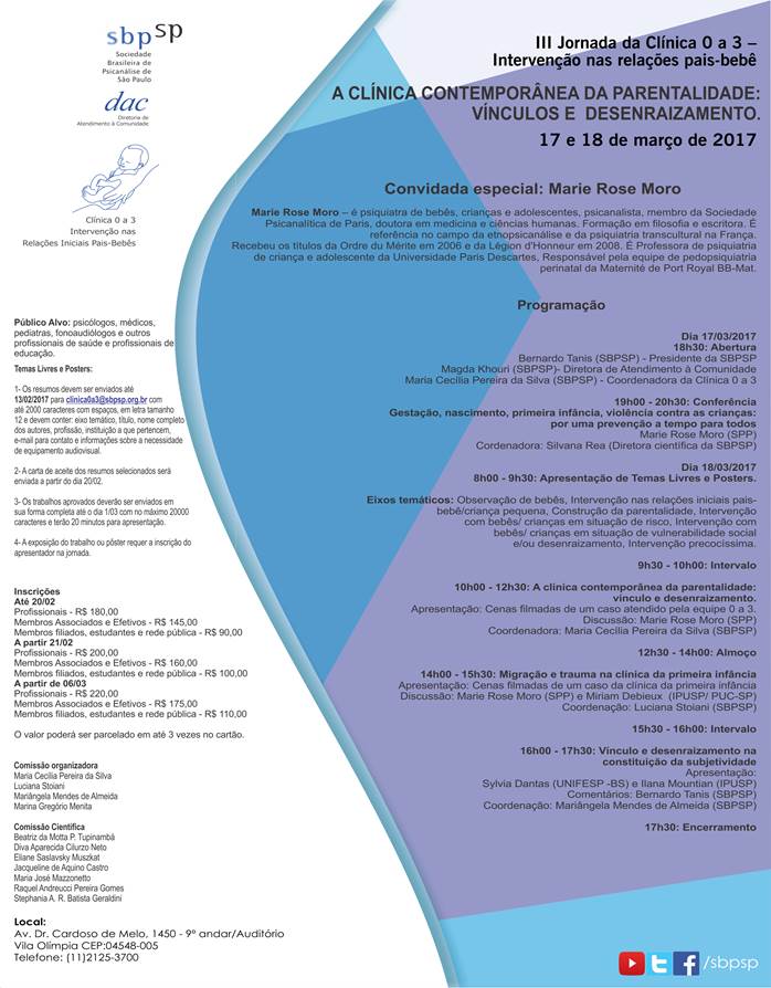 III Jornada da Clínica 0 a 3 – Intervenção nas relações pais-bebê 17 e 18 de março de 2017