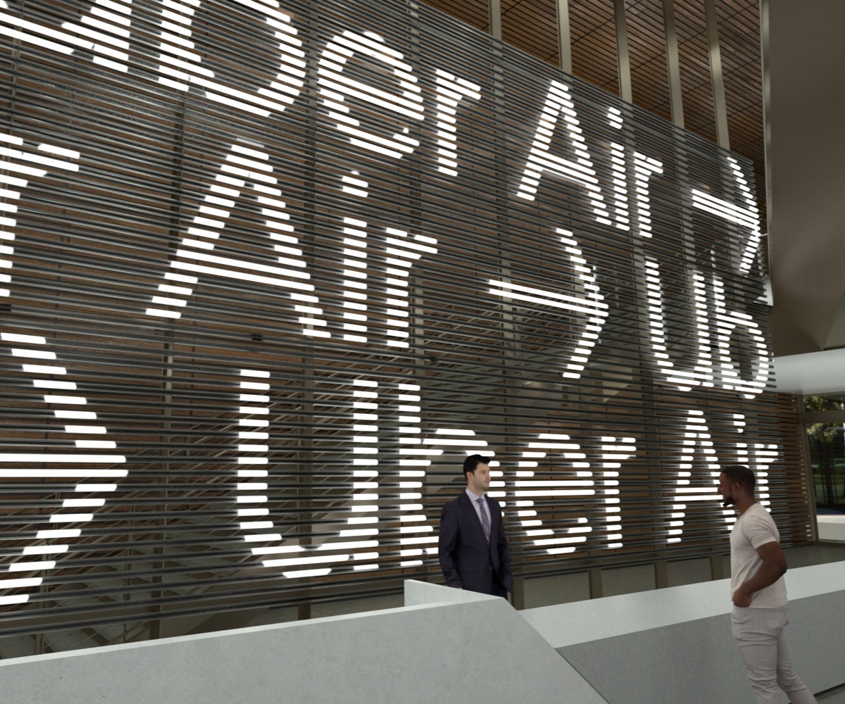 Render of people talking at front desk, with light tubes behind with text "Uber Air" running across it