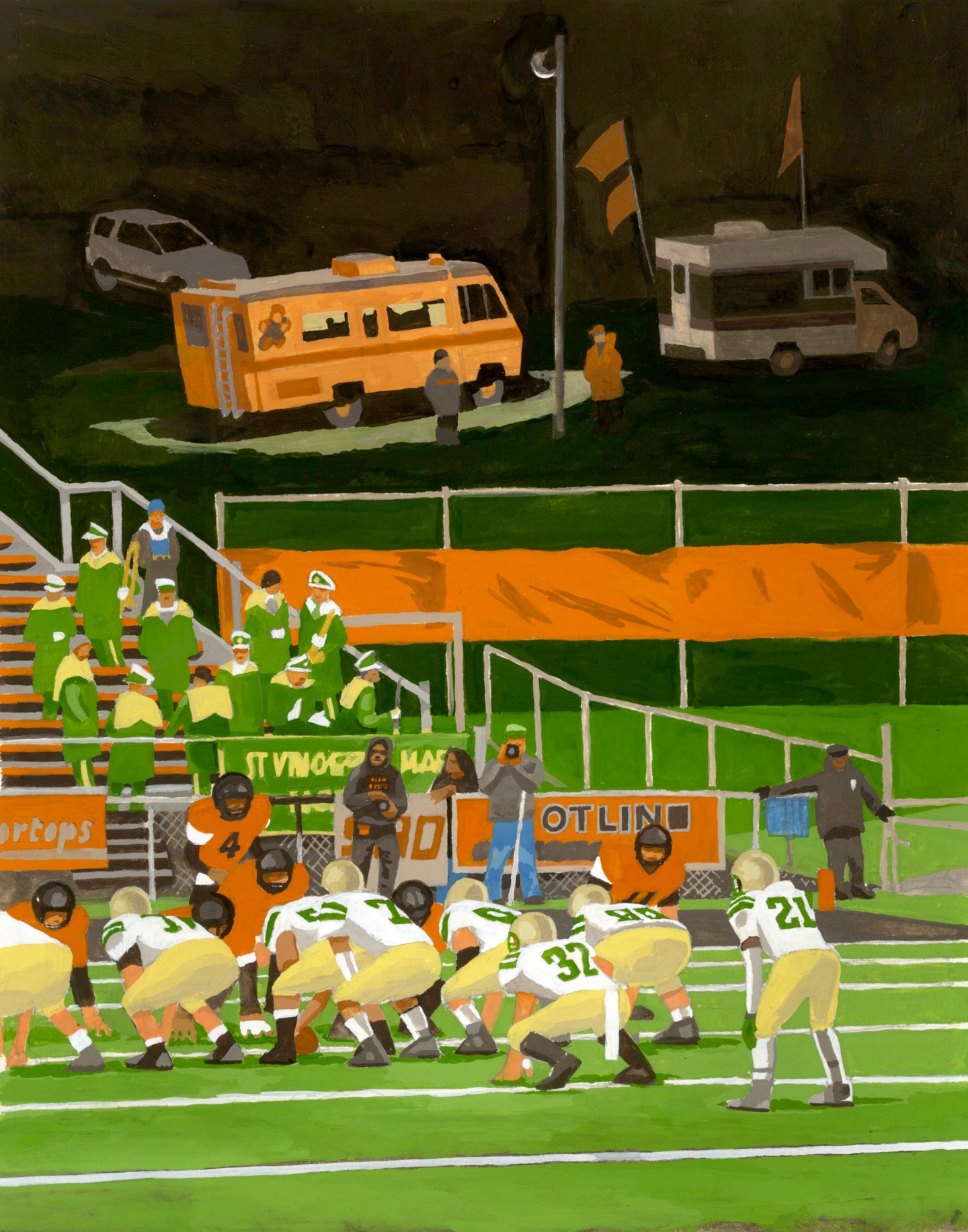 An illustration of an American football match: the players in formation at the start of the game, with onlookers on the bleachers/stands. In the background are three vehicles, the second of which (is orange and) is illuminated by a light, which casts a shadow over the two other cars. The illustration uses orange, green, yellow and other earth tones as its main hues.