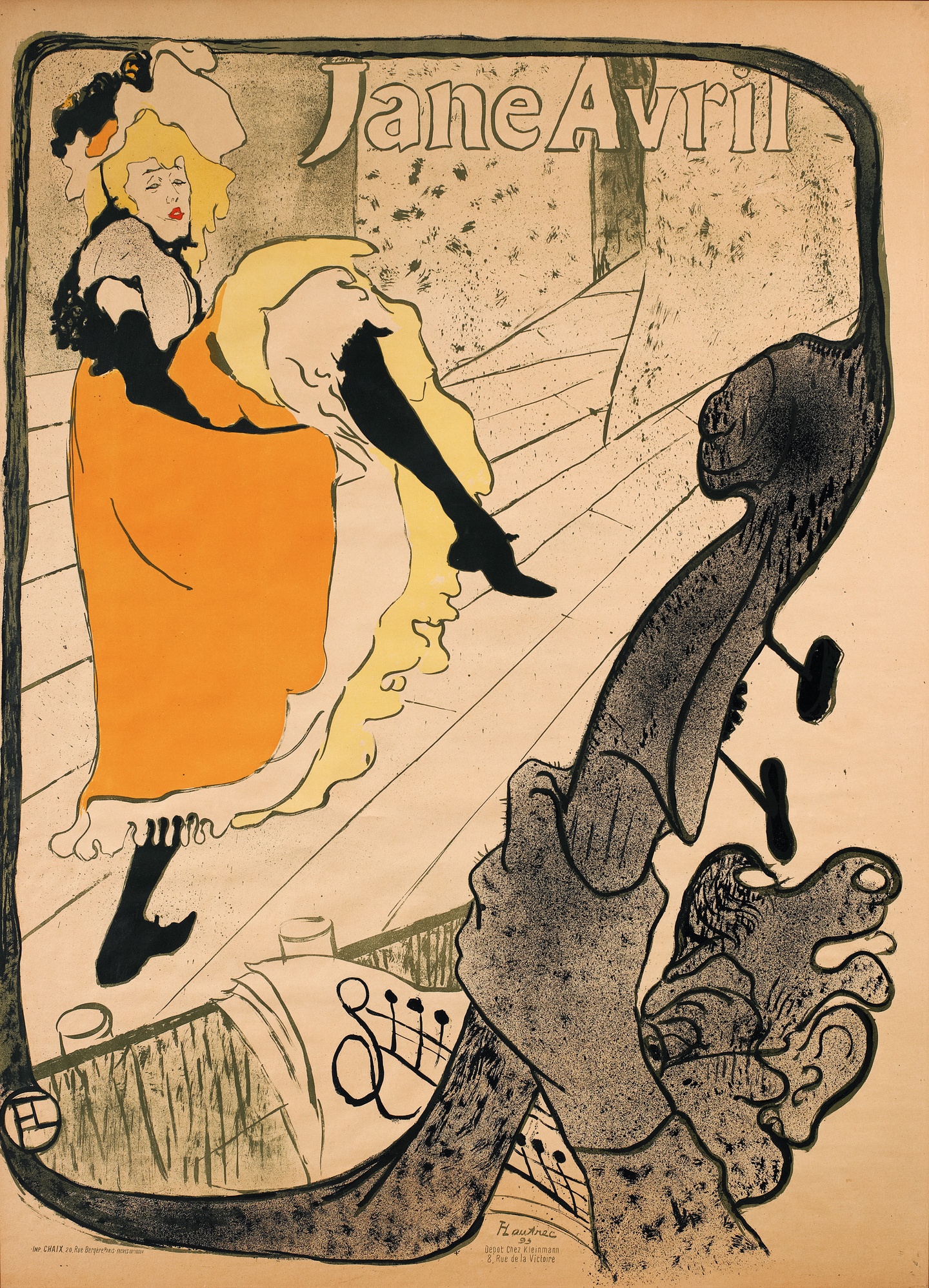 Color lithograph on a beige background, depicting a dancer wearing an ornate hat and a dress with a full orange skirt, with one stockinged leg lifted in the air. The words Jane Avril are in bubble letters at the top. This portion of the image is framed by a harp-like shape, in dark gray, with a hand holding the edge and drawn sheet music beneath.
