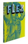 The angled front cover of FLEX, which features a stylized version of an engraving in yellow and blue.