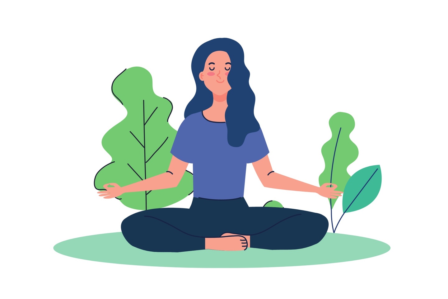 A seated woman in meditation pose with arms outstretched, in front of simplistically drawn greenery