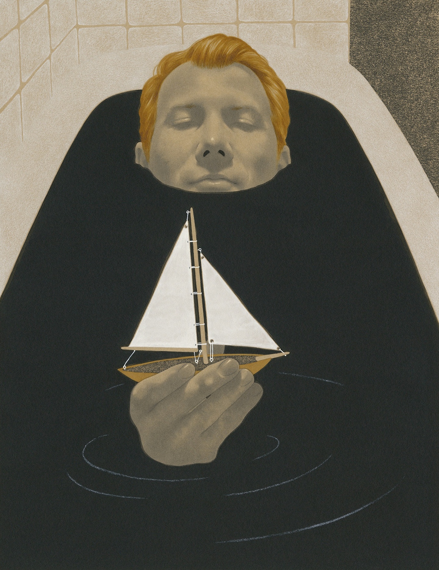 A person submerged in black water in a white bathtub holding a miniature sailboat in their right hand. Their eyes are deep set, shadowed.