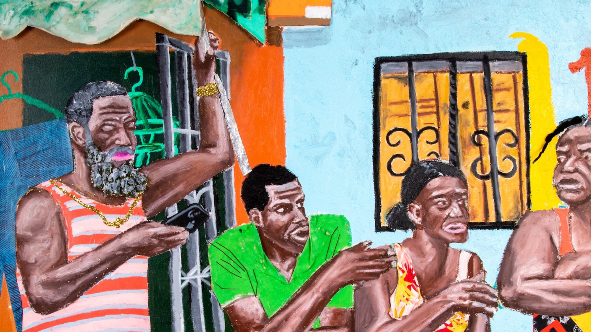 A painting that includes collaged mixed media elements like fabric depicts four Black Dominican folks standing outside a low, one-story building with a light blue and orange façade. The figures are lined up in a row along the facade. The two central figures seem to lean and sit on an orange wall. The figure on the left, a man with a beard wearing an orange striped tank top, holds a phone that he looks down at. A woman on the far right wears a skirt with a geometric pattern of lozenge shapes in blue, black, red, and yellow. She crosses her arms.