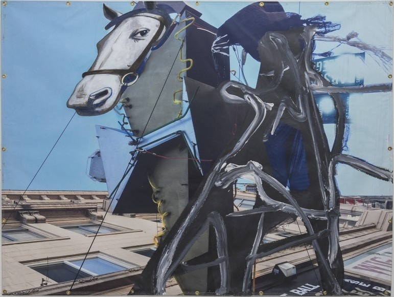 Surreal painting of a horse head with a mechanical body in front of a distorted blue sky and parisian buildings facade background