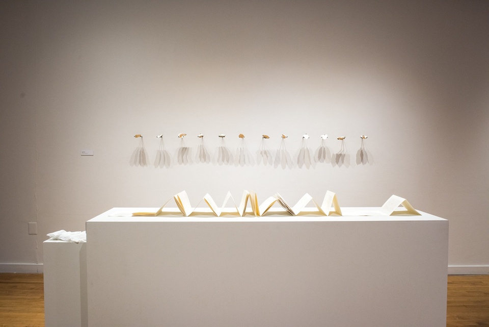 Wide shot of a book arts project on a display table. On the wall behind it is arrayed a row of oyster shells on forks.