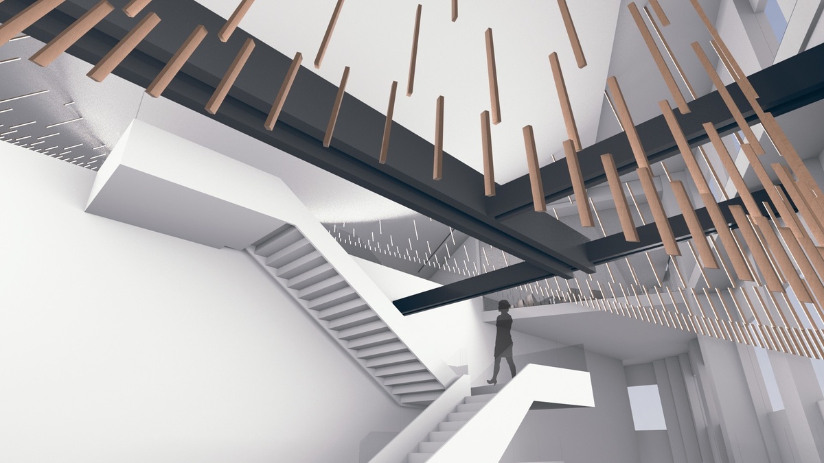 Render of a different arrangement of sculptural installation in space, from a low perspective