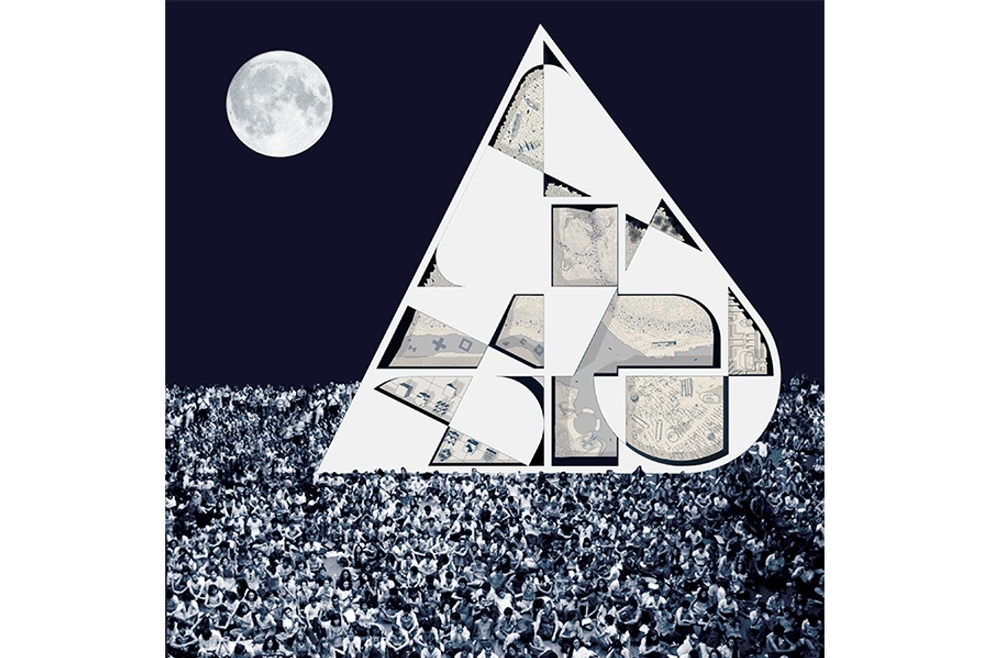 Graphic with crowd of people as the ground, a large triangular shite and light gray abstract shape and the moon in the dark blue sky