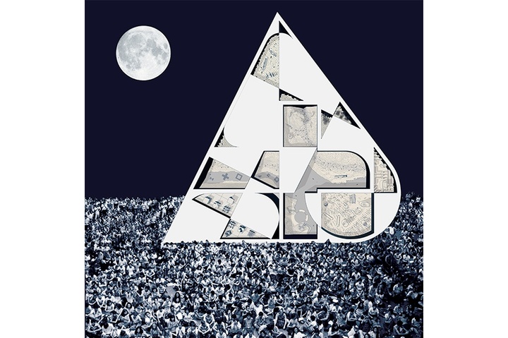 Graphic with crowd of people as the ground, a large triangular shite and light gray abstract shape and the moon in the dark blue sky