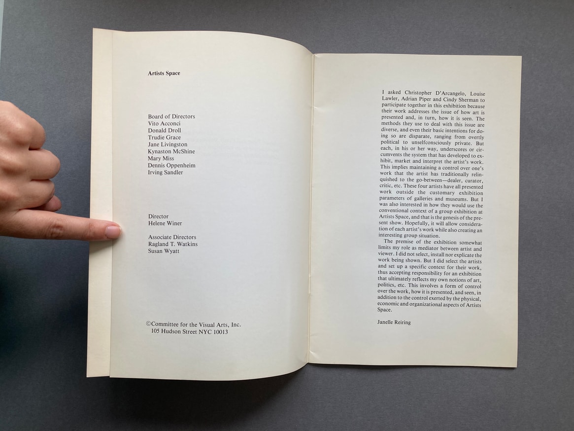 A: Artists Space [Christopher D'Arcangelo, Louise Lawler, Adrian Piper, Cindy Sherman] thumbnail 3