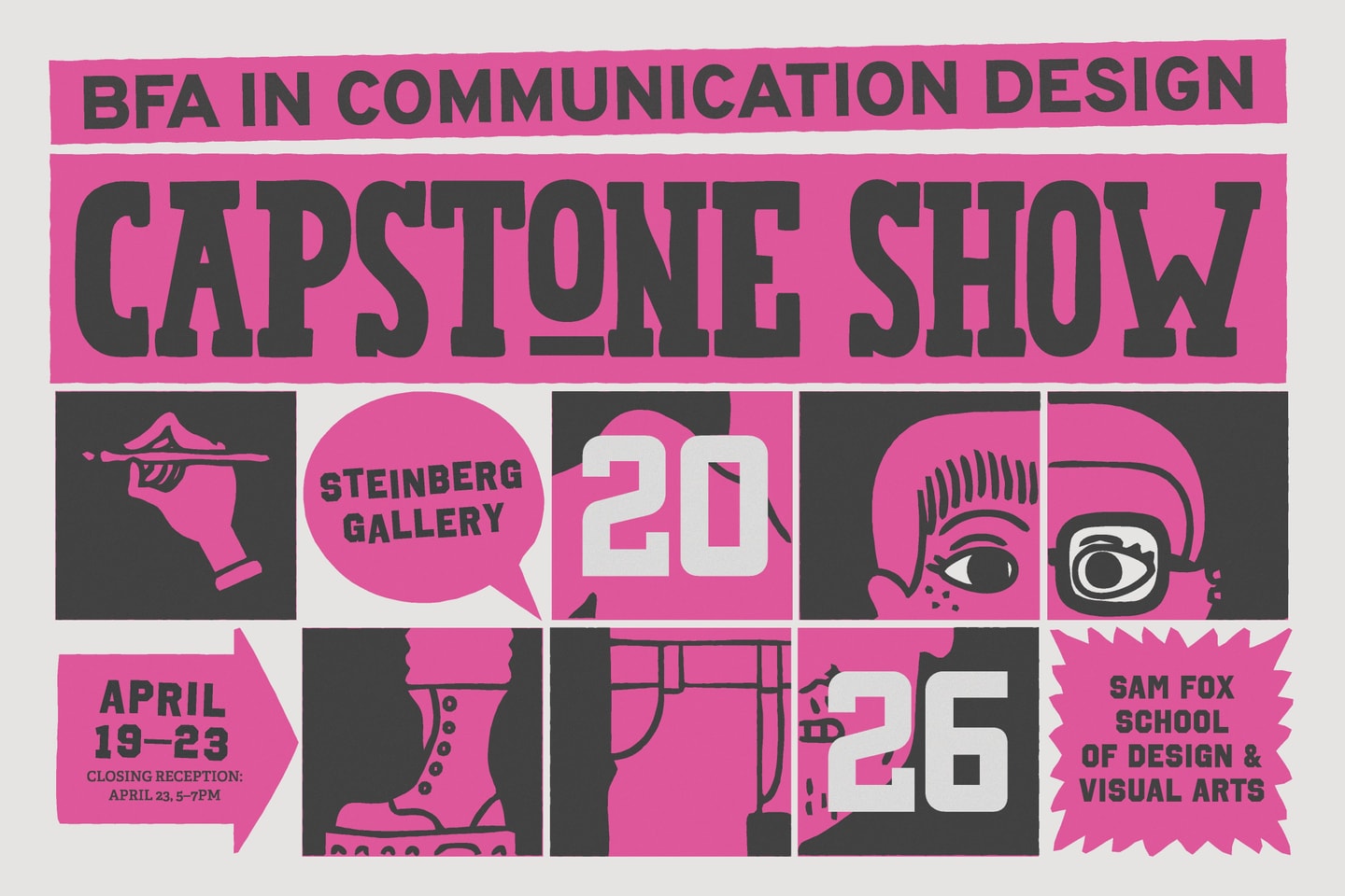 poster design in pink, black and white. Words and images are separated into a grid with the title at the top