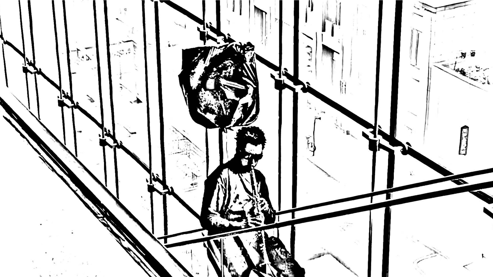 A manipulated photo digitally edited to look like a black and white line drawing. In the image, a person is seen from above riding an escalator playing a clarinet.