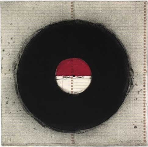 Image of a black record with a red and white label on a gray background 