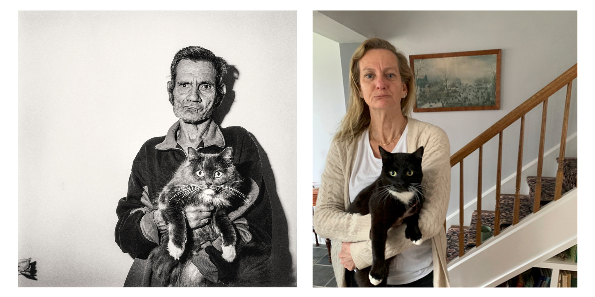 [Roger Ballen's _Man Holding Cat_, 1995, printed 2000, selenium-toned gelatin silver print on Ilford Multigrade paper, 15 5/8 x 15 5/8 inches, The Jack Shear Collection of Photography, 2015.1.126](https://tang.skidmore.edu/collection/artworks/184-man-holding-cat) re-created by Liesje Bluestone '20