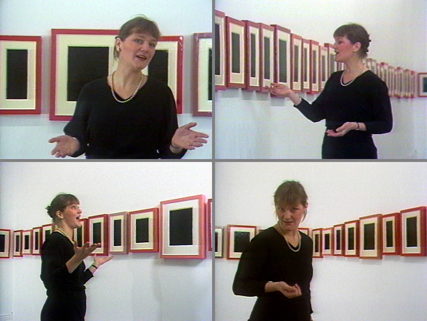 Four-panel image of video stills, showing an individual discussing a wall of repeating works, all square with red frames, white borders and black square interiors.