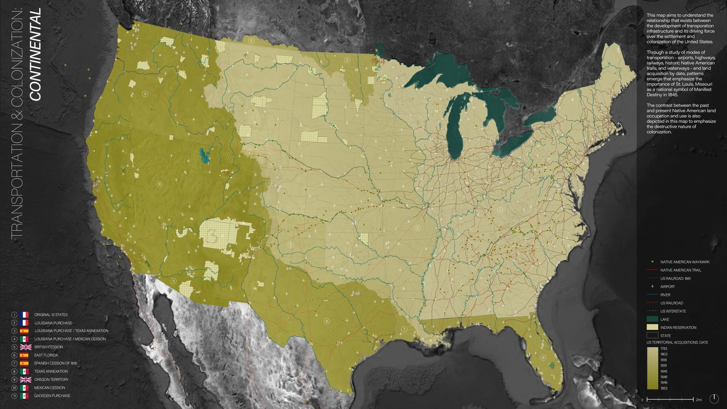 Map exploring the relationship between transportation infrastructure and past and present Native American land occupation in the United States.