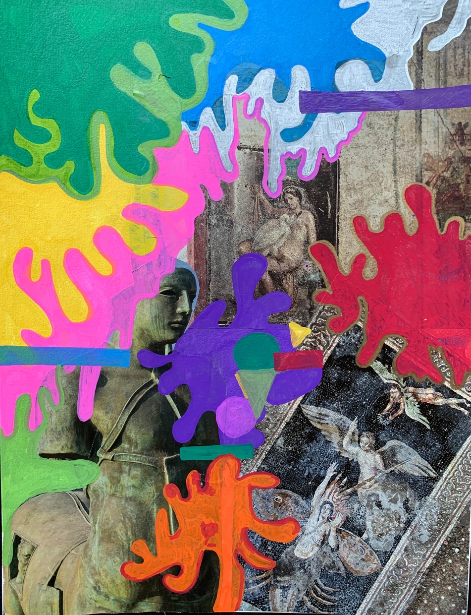 An abstract work with faded images of ancient western artworks collaged in the background, partially covered by irregular, amoeba-like shapes in green, blue, pink, orange, yellow and red. 