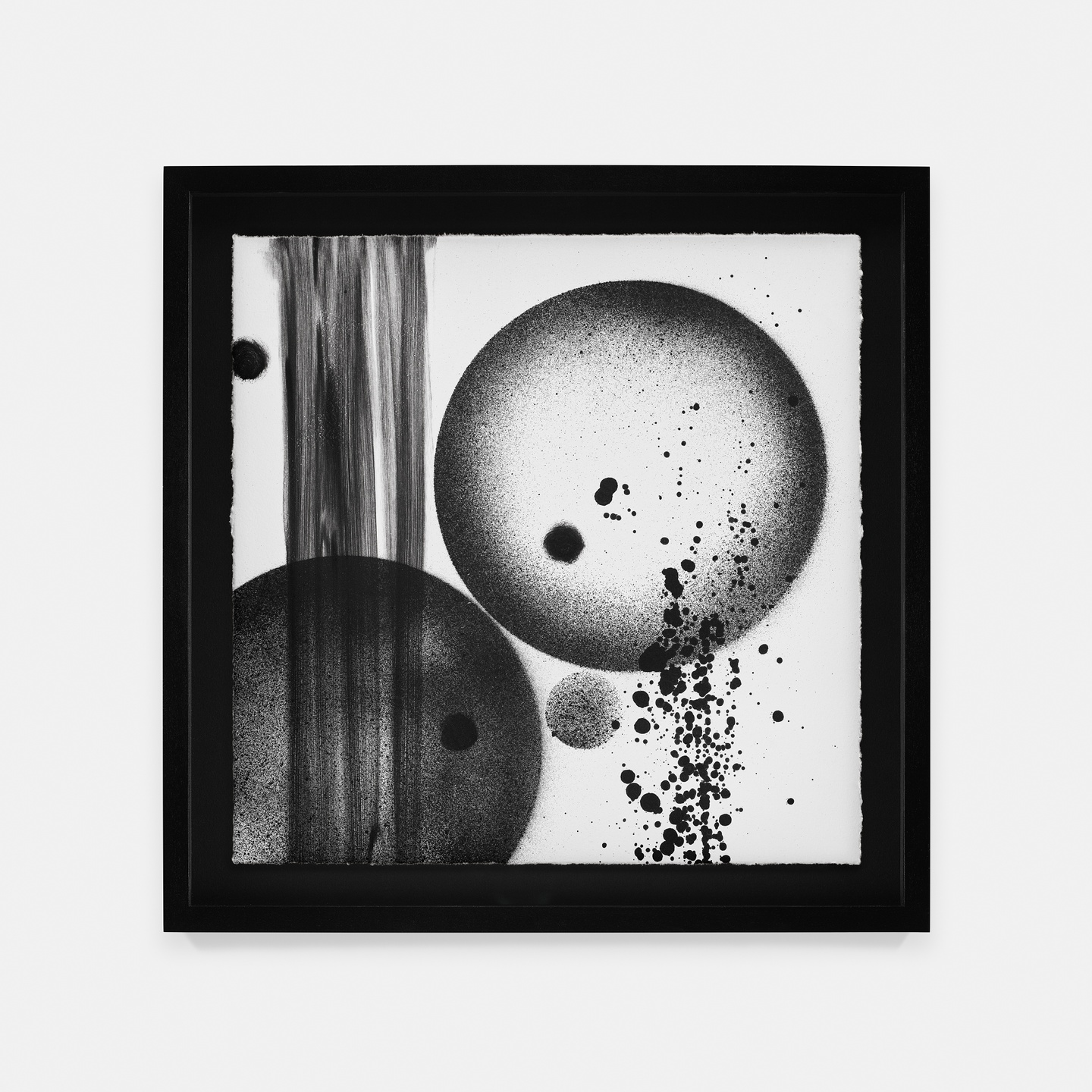 An abstract black-and-white painting showing stripes of black along the left side and splatters of black on the right, on top of two circular forms