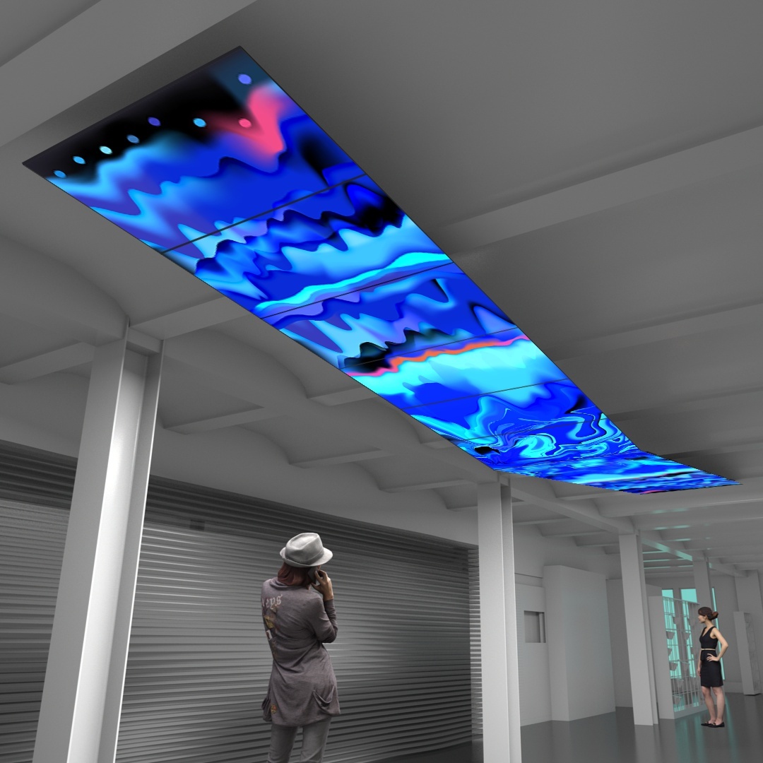 Render of people looking up at The Skywalk, which shows jagged waves of color 