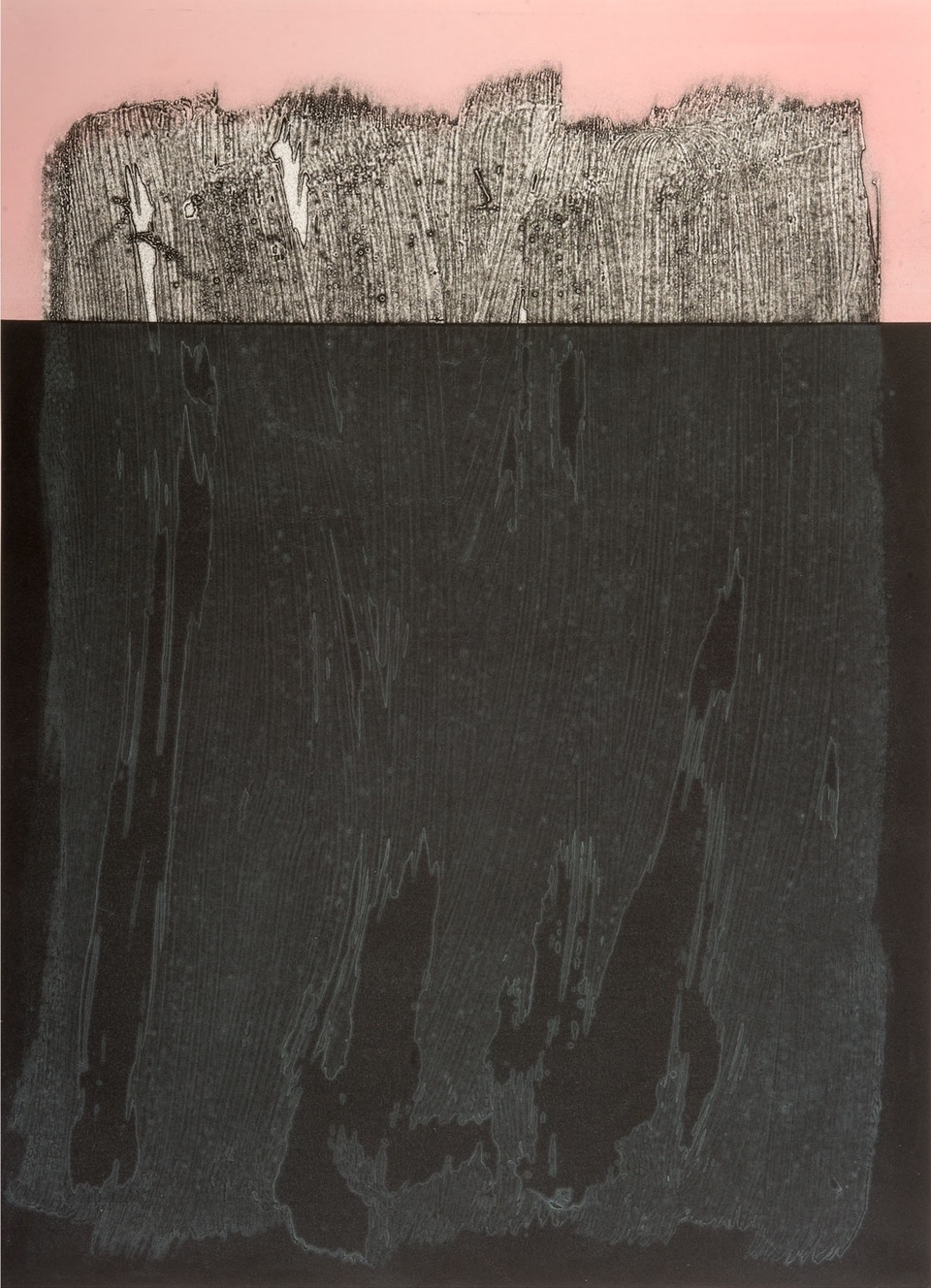 Image of large brush mark mostly hidden by a black rectangle with a pink background at the top of the image