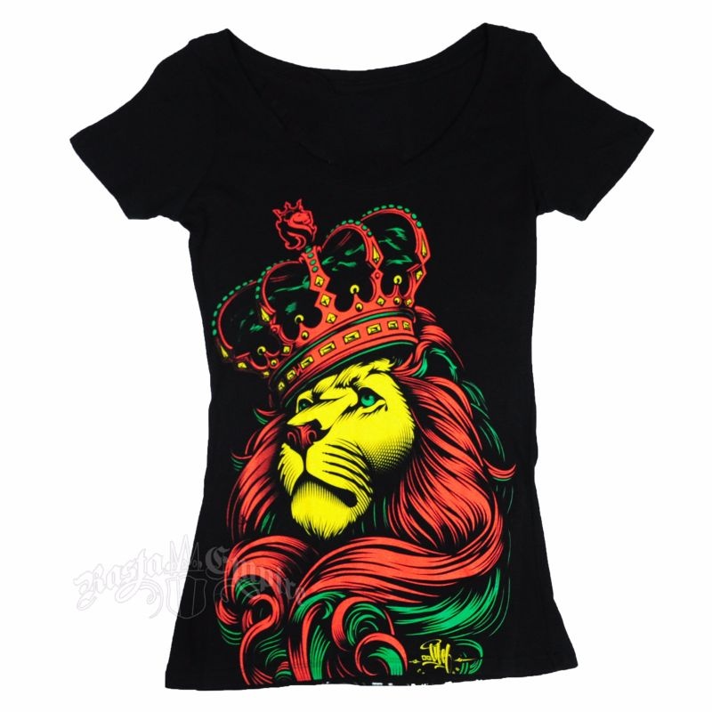 Rasta Lion and Crown Black T-Shirt - Women's