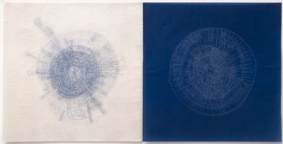 Image of a light blue carbon square printed next to a dark blue carbon square of equal size with circular embossment and debossments on both squares