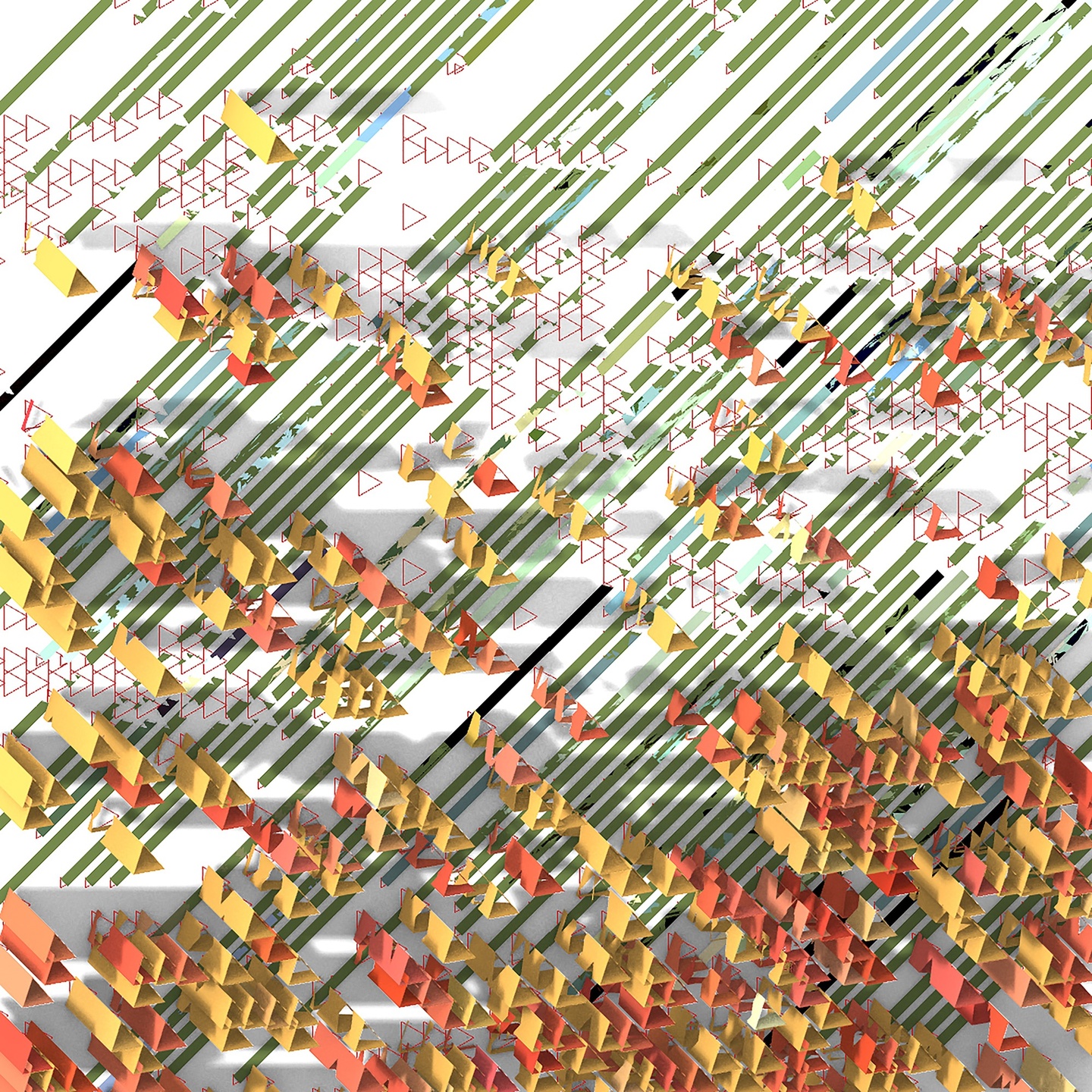 Multiple diagonal thin and long green shapes on top of a white background. The green shapes pierce triangular orange and red rectangular pieces of paper