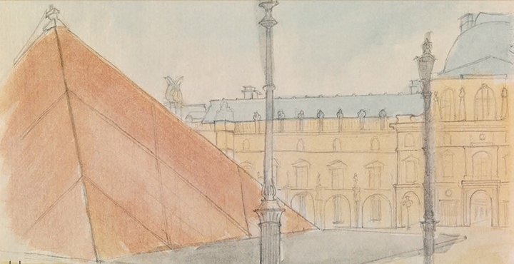 Pencil and watercolor drawing of the Louvre Pyramid and Louvre Palace in Paris. The pyramid is a darker orange, and the palace is a darker yellow with a gray-blue roof.