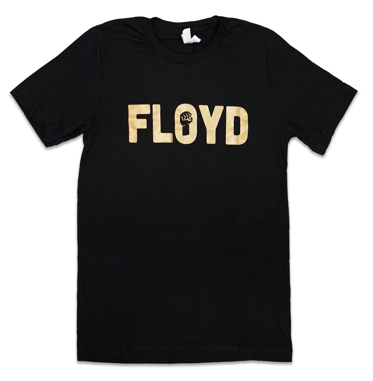 A black t-shirt with large, gold printed text spelling "FLOYD." The center of the "O" is a raised fist.