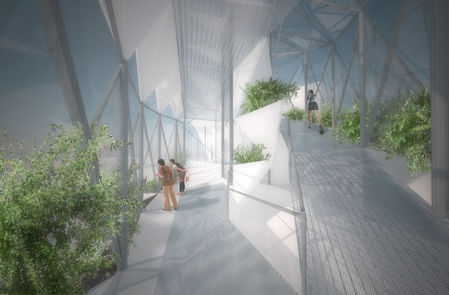 Perspective rendering inside an open-walled structure with two tiers connected by a ramp. Metal beams suspend a corrugated white roof and foliage grows along the sides of the path. People walk and jog along the path.