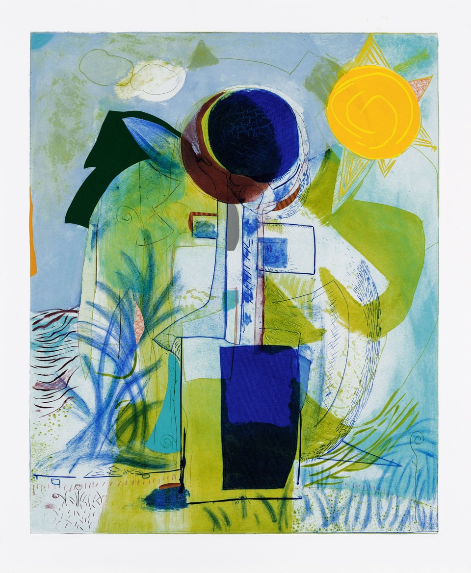 print with abstract figure in blues and greens with a yellow sun