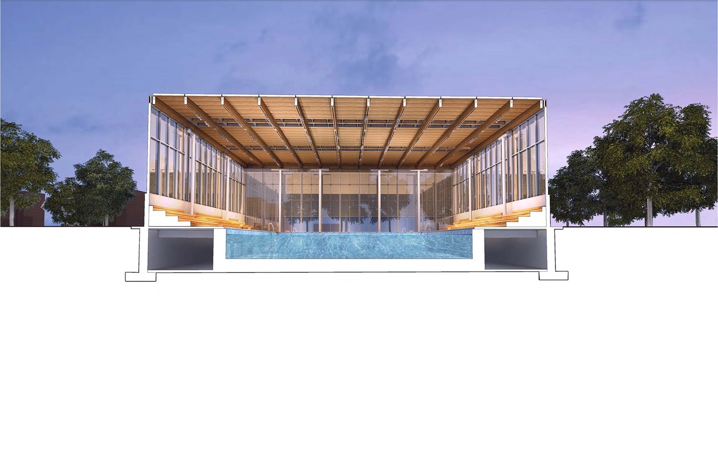 Cross section side view of an indoor swimming pool 