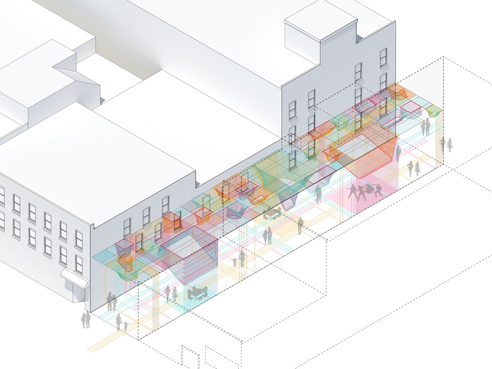 Axonometric rendering of a multi-colored art installation with basketlike-forms in an alleyway