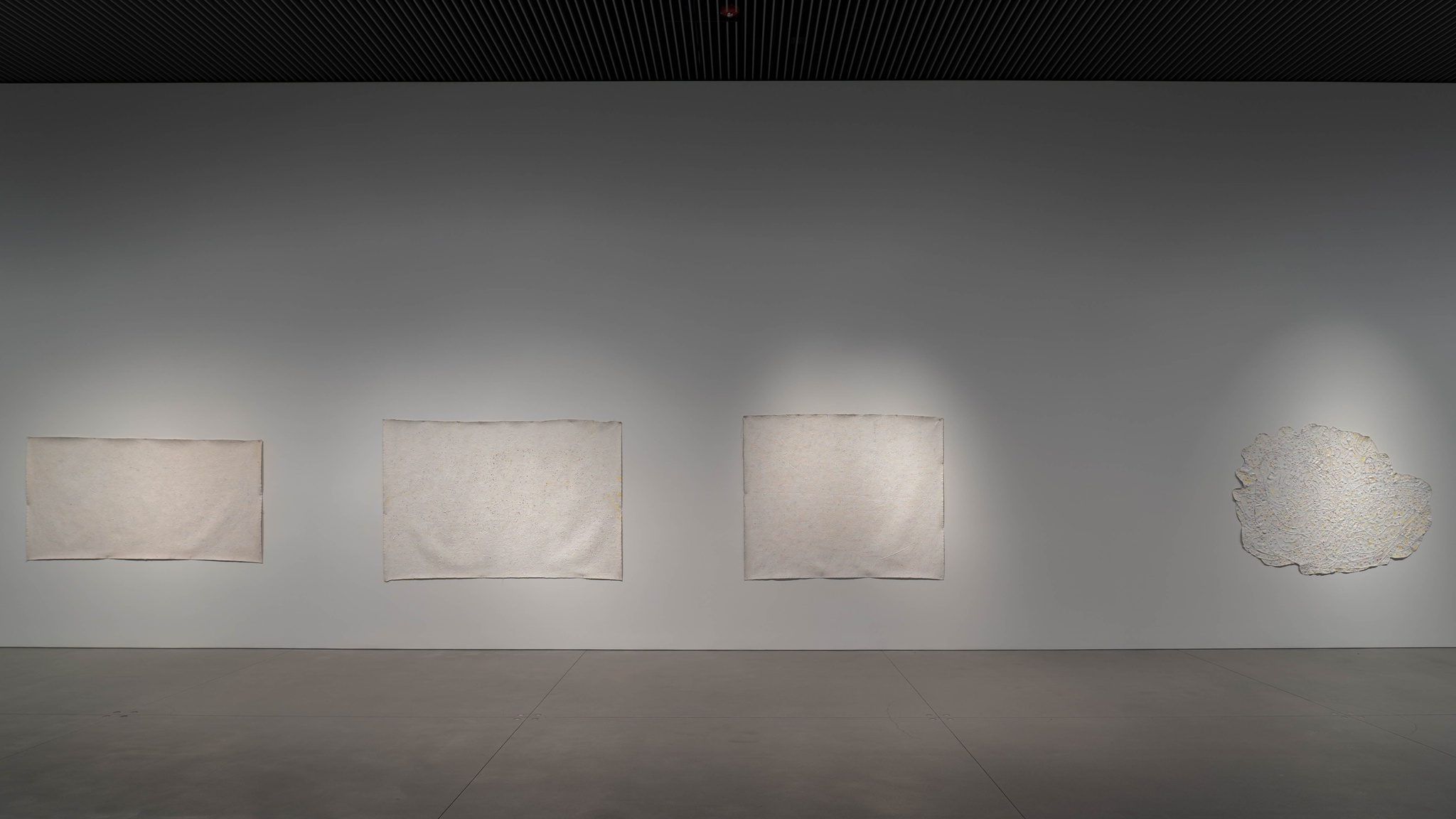 An installation view of abstract paintings in the exhibition Howardena Pindell: Rope/Fire/Water. Three rectangular off-white canvases from the 1970s hang in a row beside a curvilinear abstract canvas.