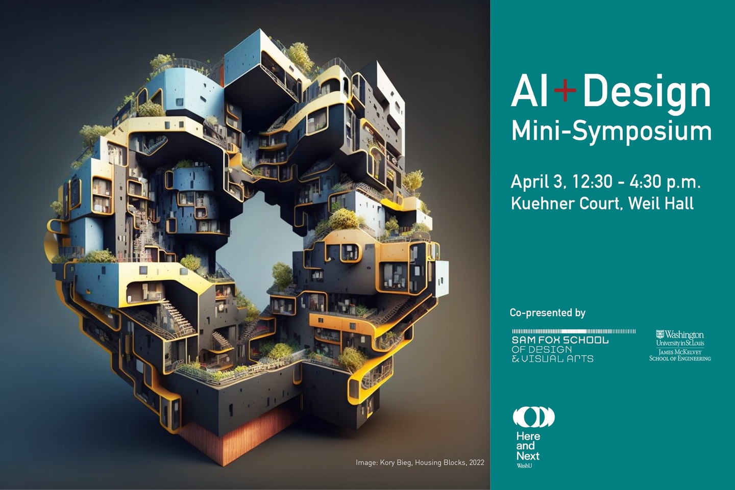 AI + Design Mini Symposium Poster with image of buildings stacked together creating a circle and event details