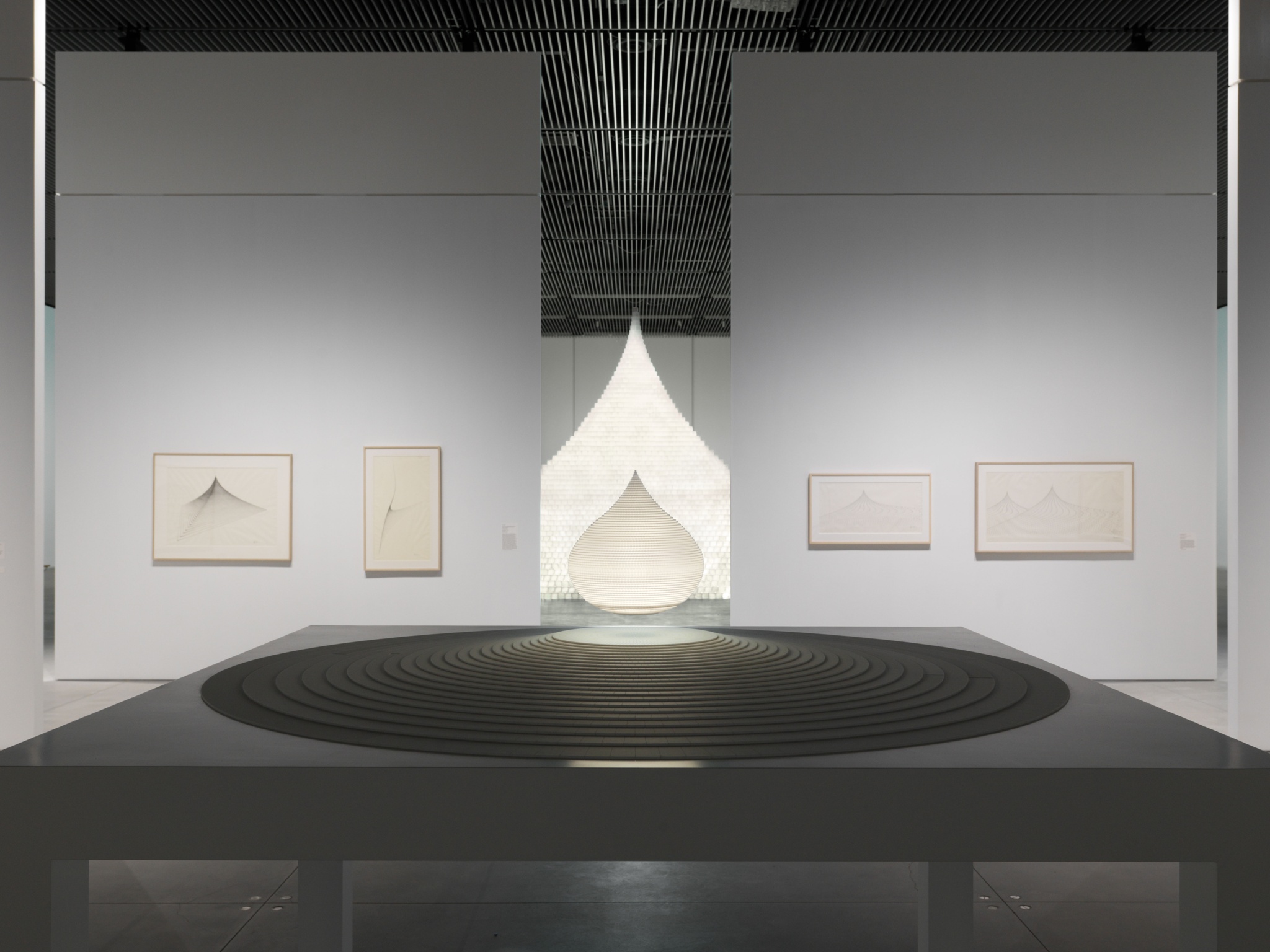 An installation view of Agnes Denes' work for Absolutes and Intermediates