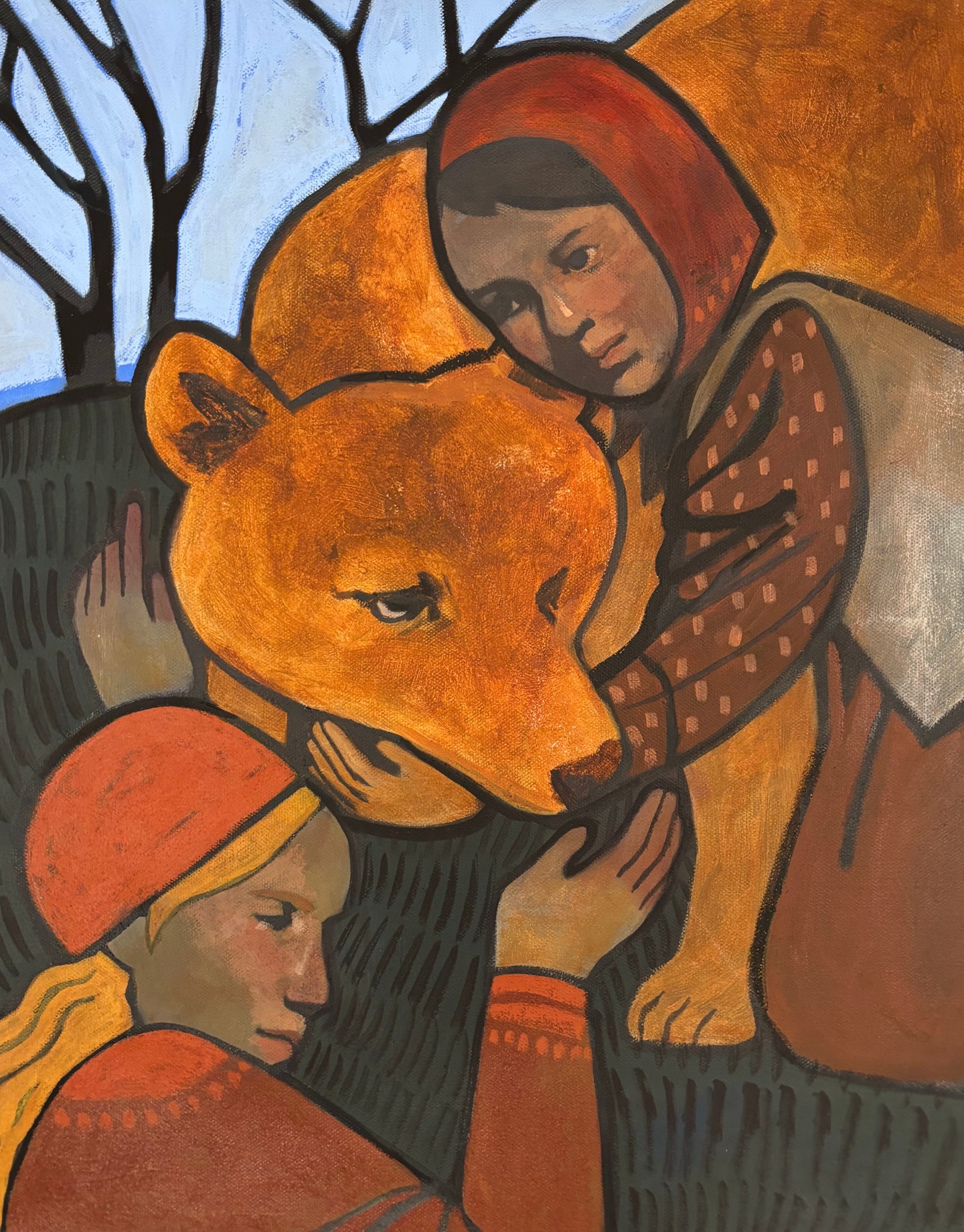 Acrylic painting of a woman and a child hugging a bear.