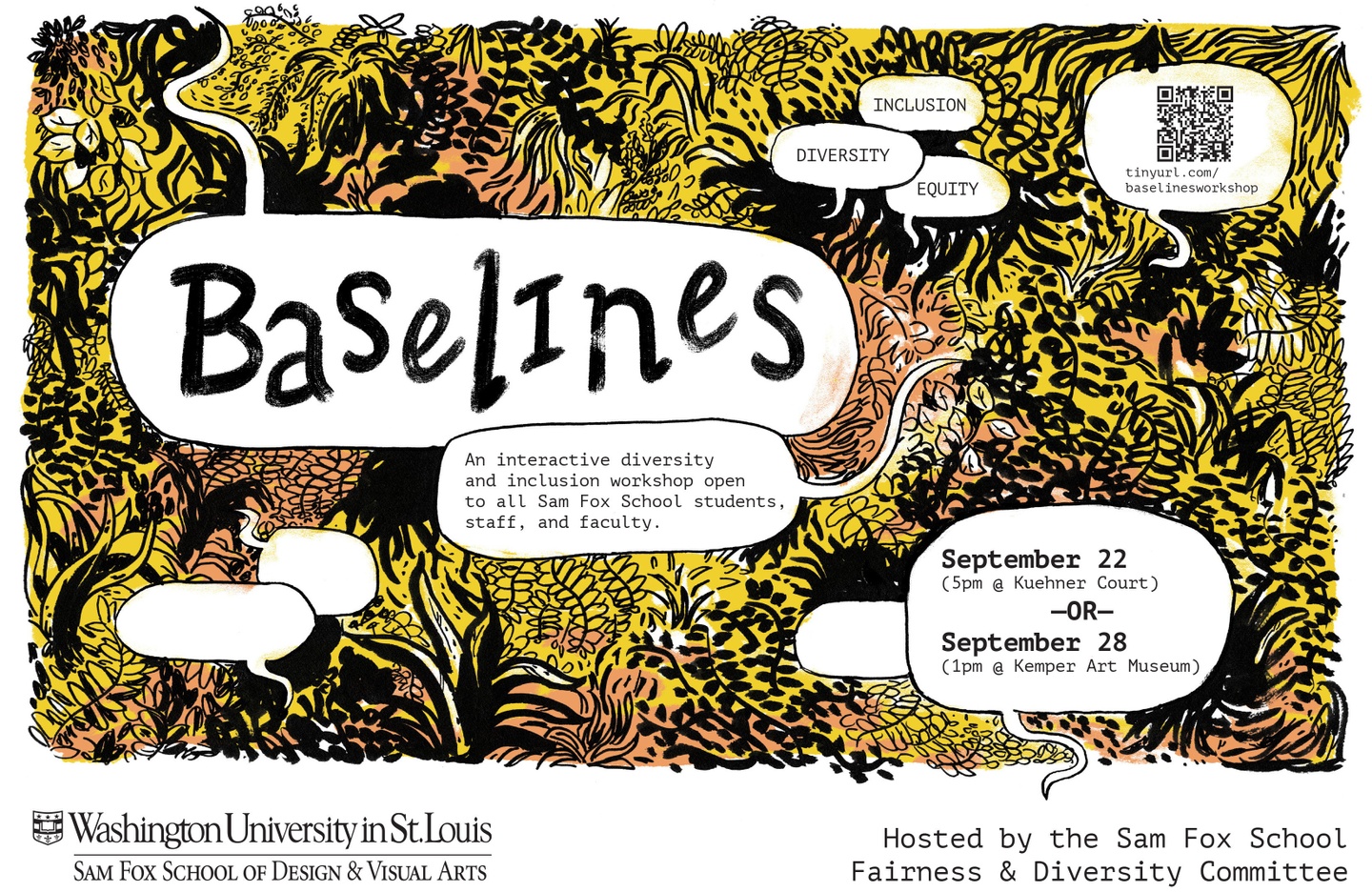 Yellow, light orange, and black illustration of dense foliage, with the words Baselines and speech bubbles with information on top.
