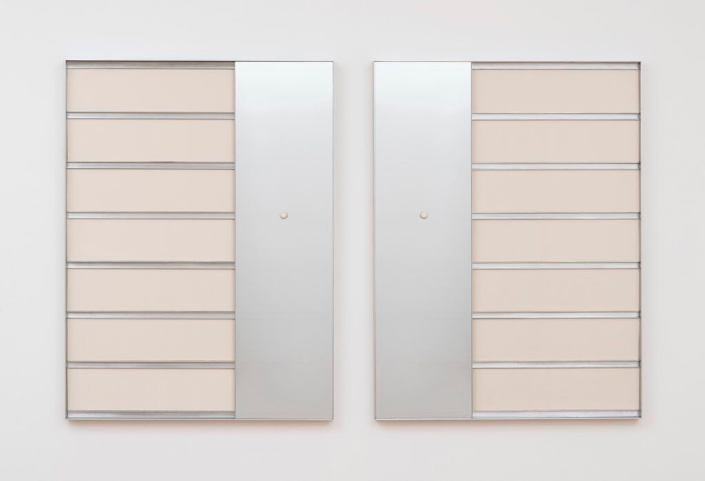Sterling Lawrence, “Mirror & Groove Right & Groove & Mirror Left,” 48x36x2 inches. Aluminum, acrylic two-way mirror and natural gum rubber.