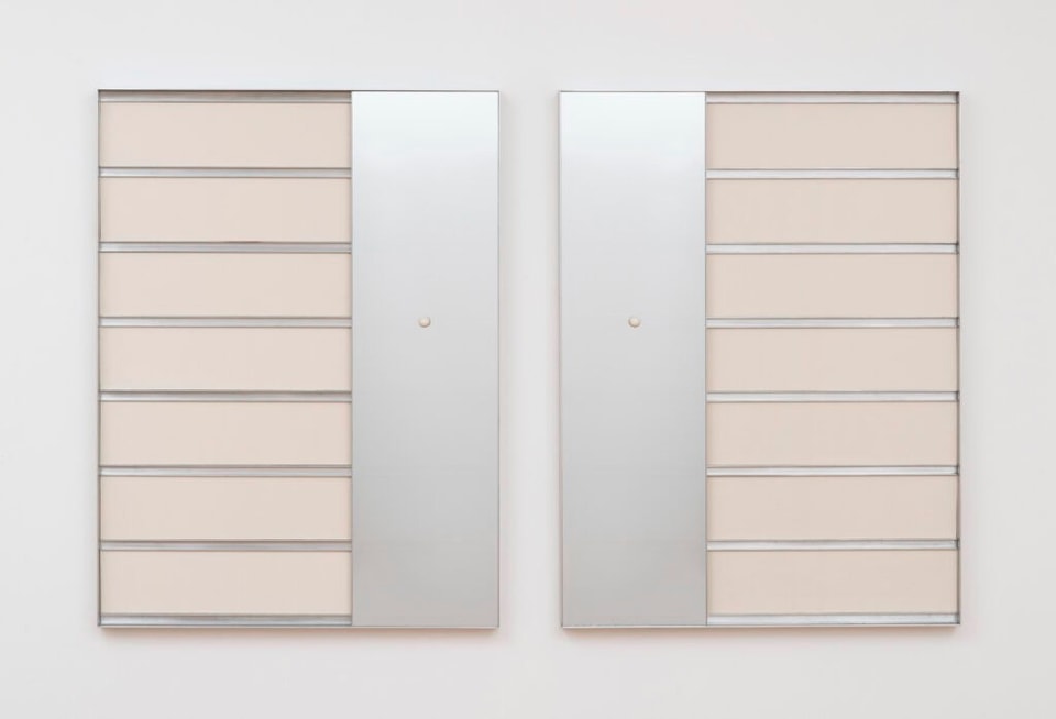 Sterling Lawrence, “Mirror & Groove Right & Groove & Mirror Left,” 48x36x2 inches. Aluminum, acrylic two-way mirror and natural gum rubber.