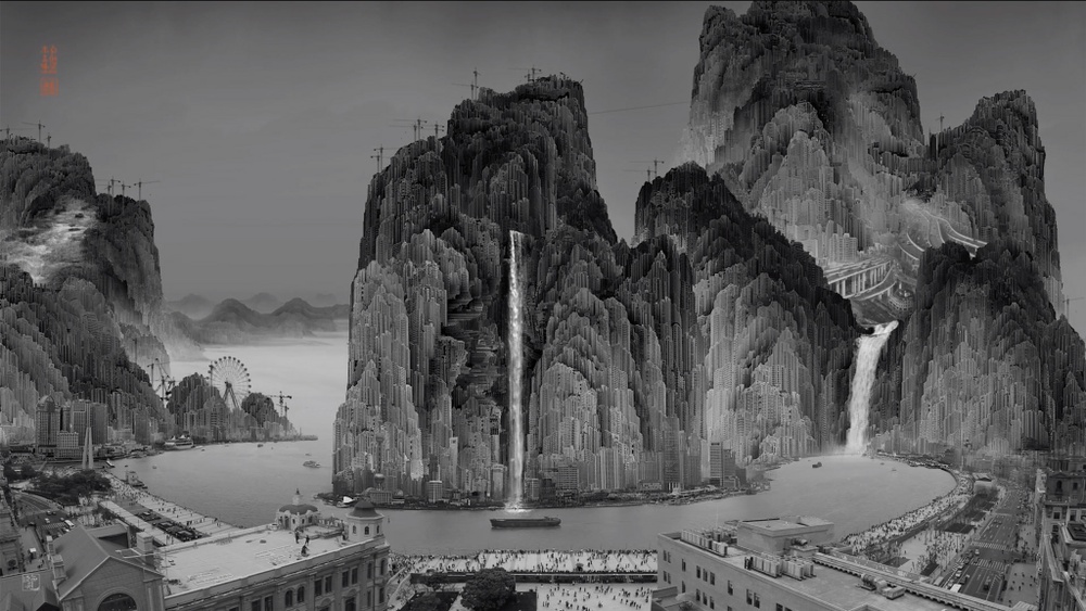 A detailed black and white cityscape/landscape including waterfalls, mountains, and buildings.