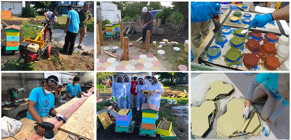 Construction photos of people assembling beehives, making tiles, and sanding down wood.