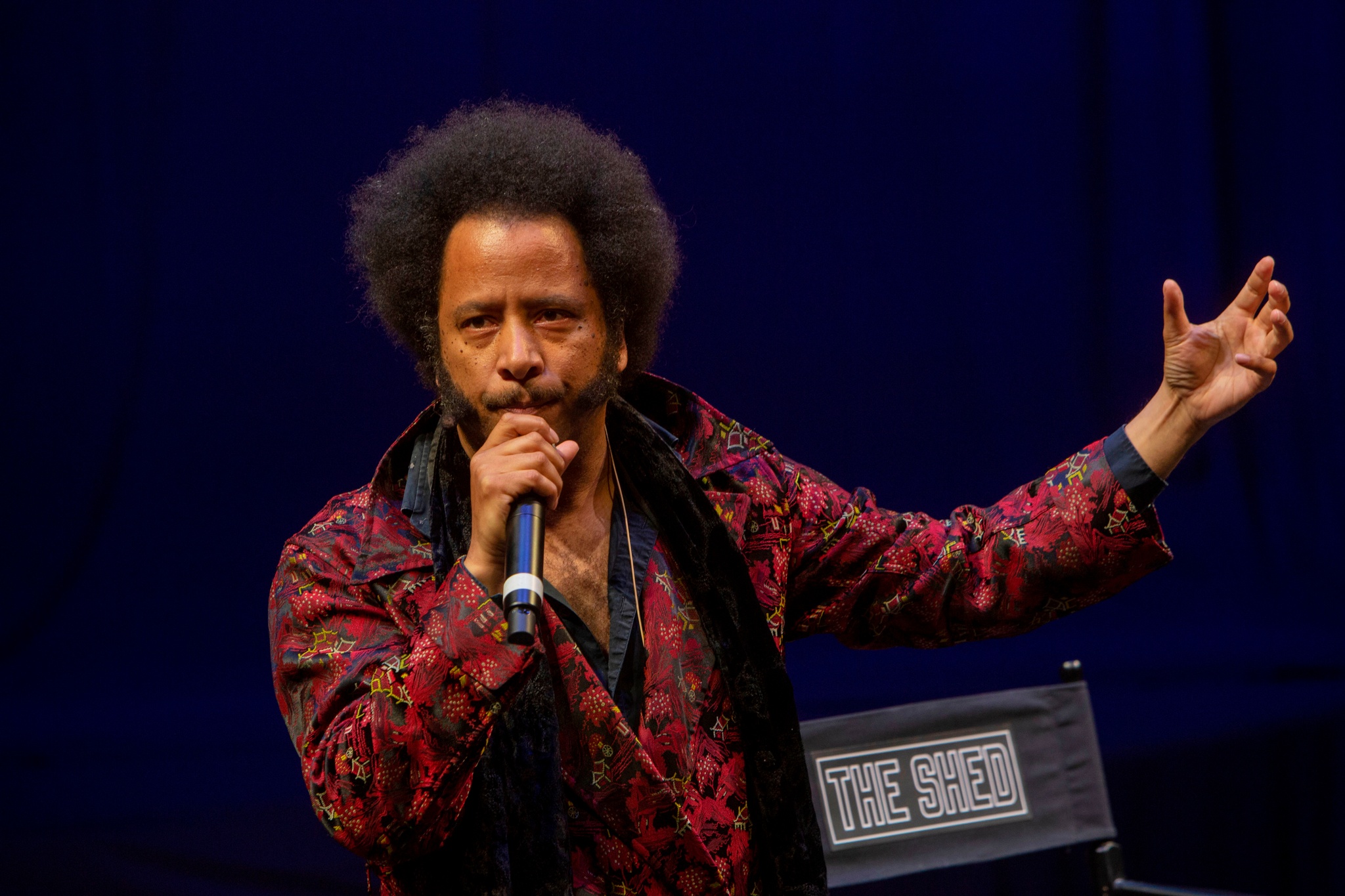 A photo of Boots Riley during his lecture at The Shed