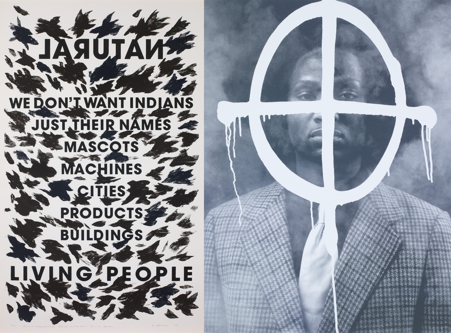 Image of two artworks (left) a print featuring numerous blackbirds with type atop; the word Natural is spelled backwards; (right) portrait of an individual in a tweed suitcoat with a white target painted over their face; the portrait is two-tone, with a dull navy hue.