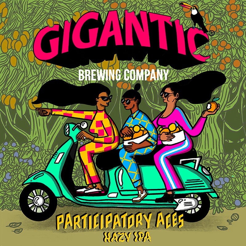 Illustration of three people wearing sunglasses in bright patterned outfits on a bright lime green motorbike. Above and below them, the text "GIGANTIC BREWING COMPANY" "PARTICIPATORY ACES" "HAZY IPA" in bold, vibrant fonts. The leftmost person points ahead and the other two hold baskets of fruit. A toucan rests on the "C" in "GIGANTIC", which is nestled in the background, a lively landscape of fruit trees.